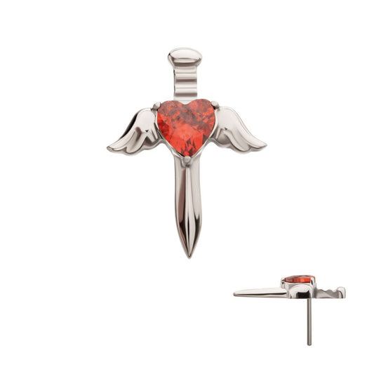Titanium Threadless 3D Winged Dagger with Bezel Heart Gem Top