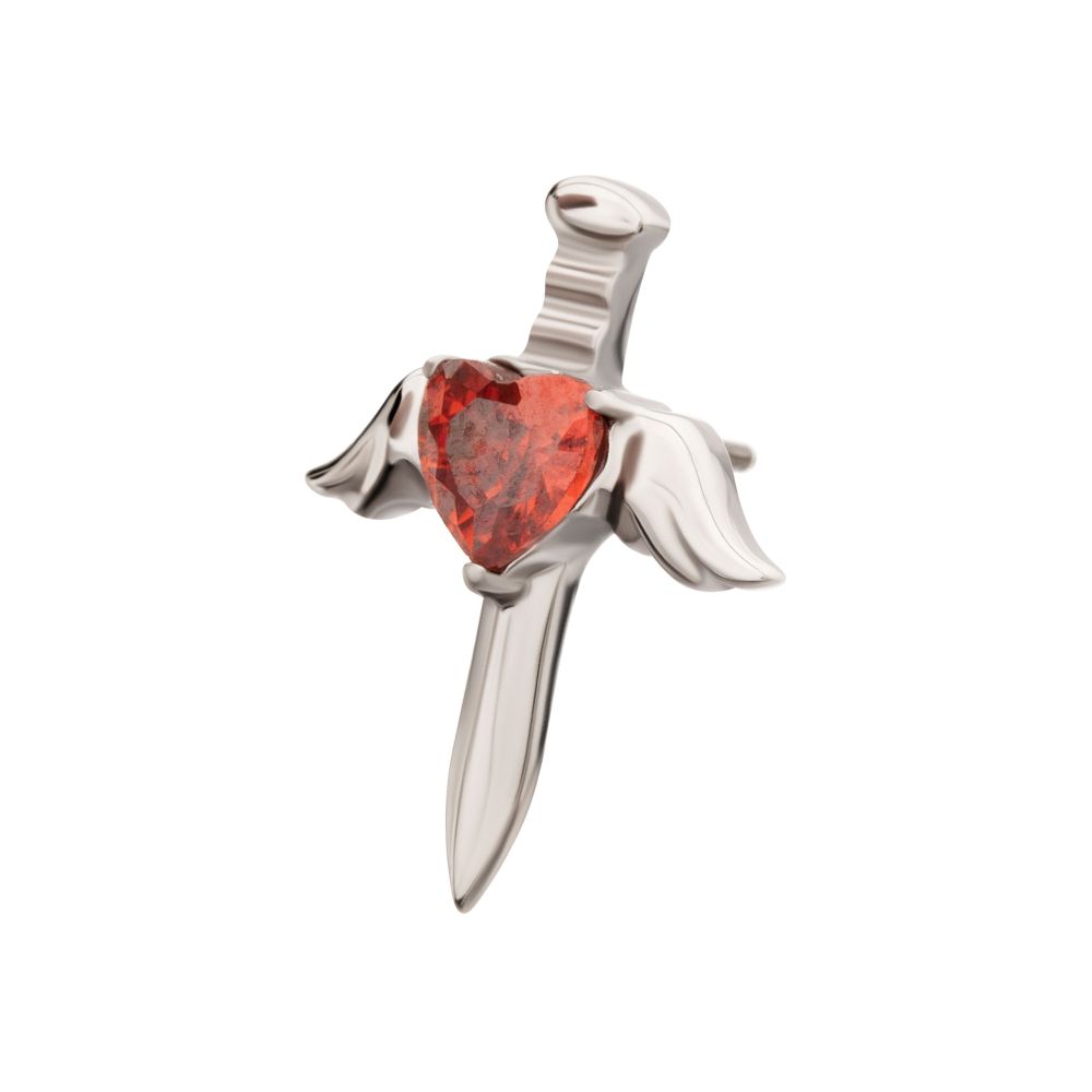 Titanium Threadless 3D Winged Dagger with Bezel Heart Gem Top