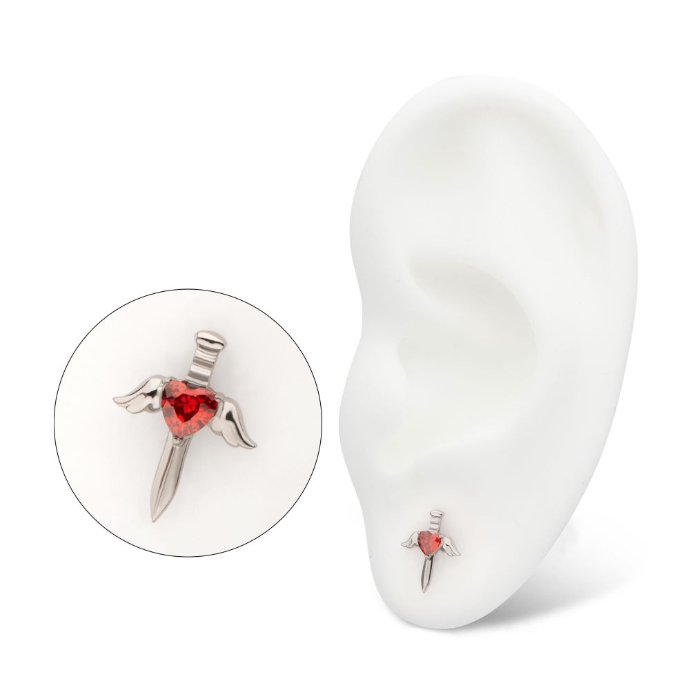 Titanium Threadless 3D Winged Dagger with Bezel Heart Gem Top
