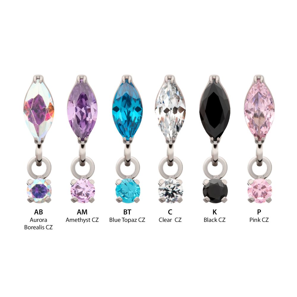 Titanium Threadless  Marquise Top with Prong Set Gem Dangle