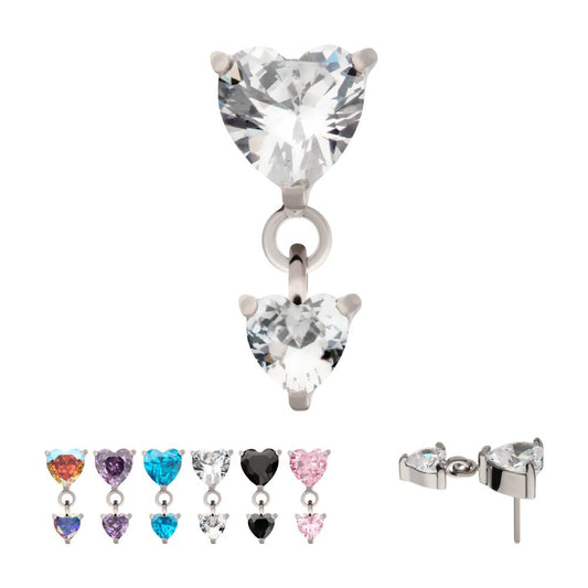Titanium Threadless Prong Set Double Heart Gem Dangle Top