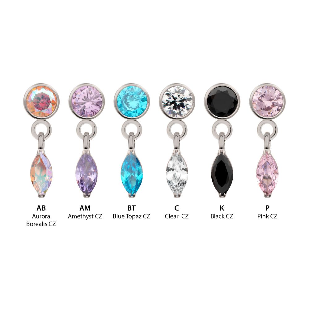 Titanium Threadless Bezel Gem Top with Marquise Dangle