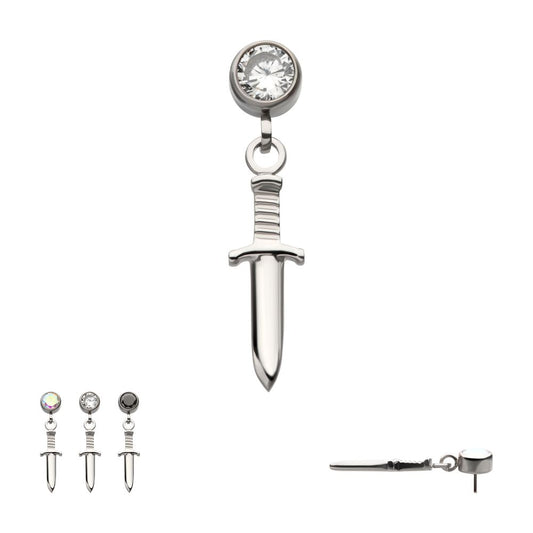 Titanium Threadless Bezel Round CZ Dangle Dagger Top