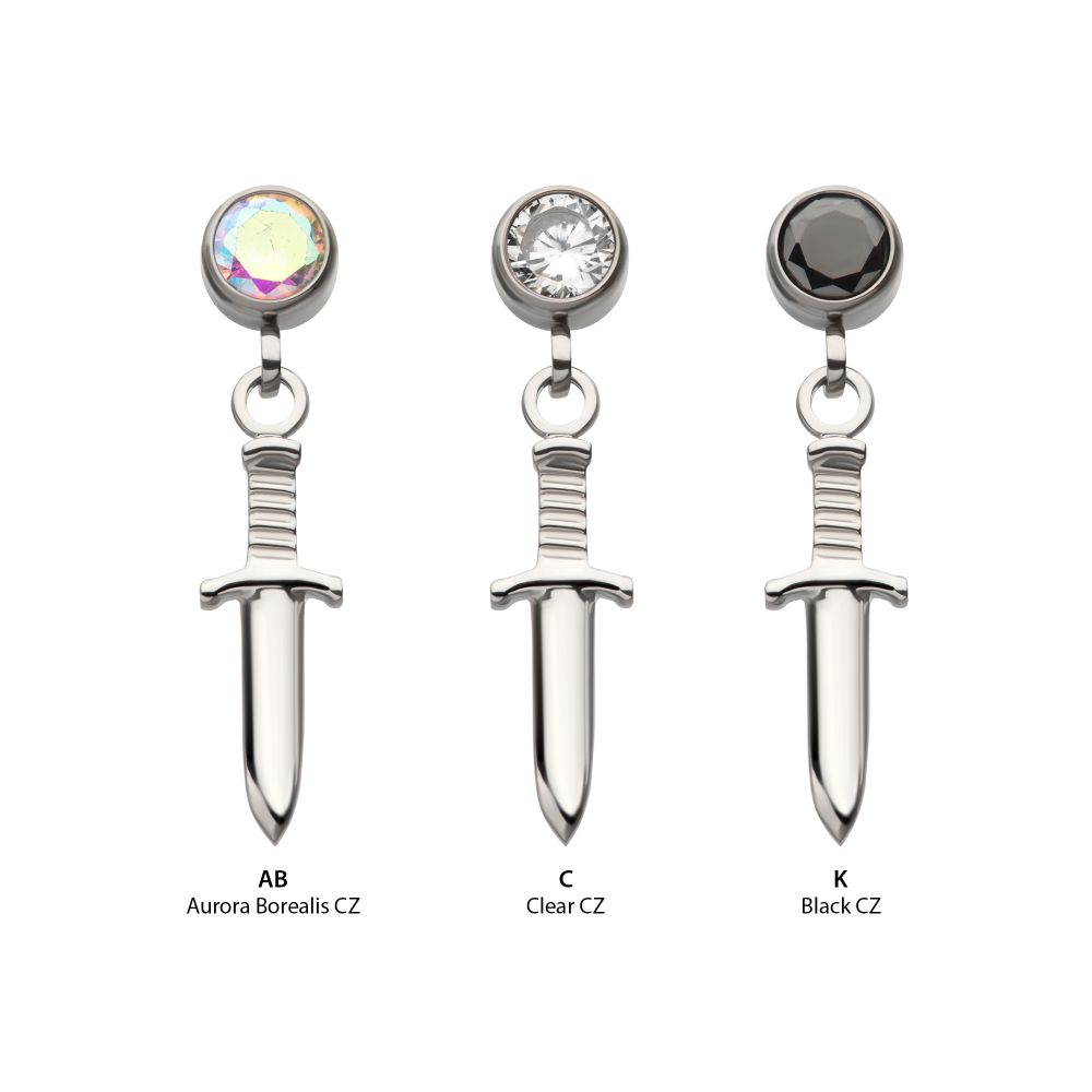 Titanium Threadless Bezel Round CZ Dangle Dagger Top