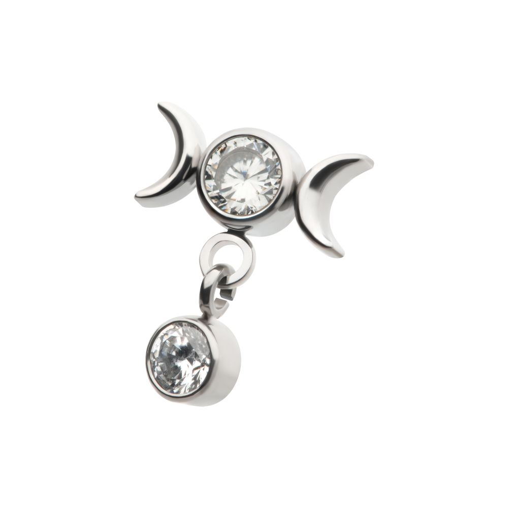 Titanium Threadless Dangle Bezel Round CZ Triple Moon Phase Gem Top