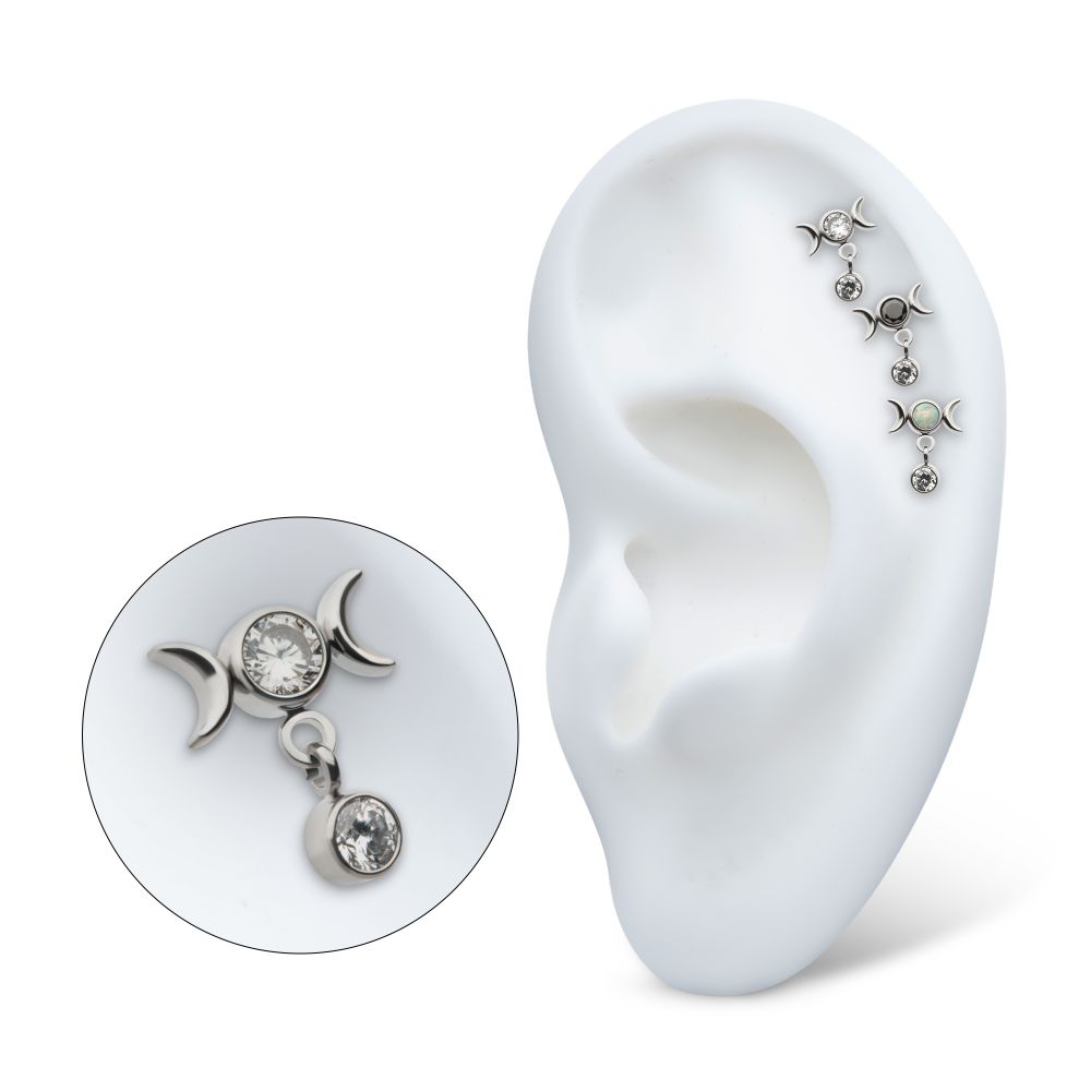 Titanium Threadless Dangle Bezel Round CZ Triple Moon Phase Gem Top