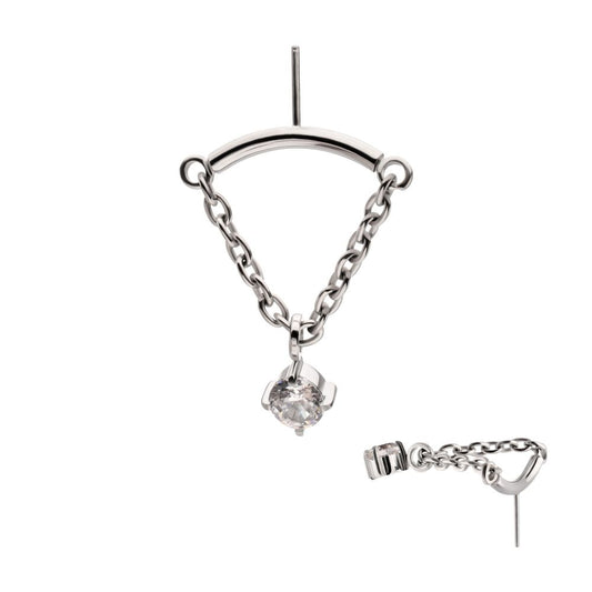 Titanium Threadless Hidden Helix Curved Bar Top with CZ Gem Chain Dangle