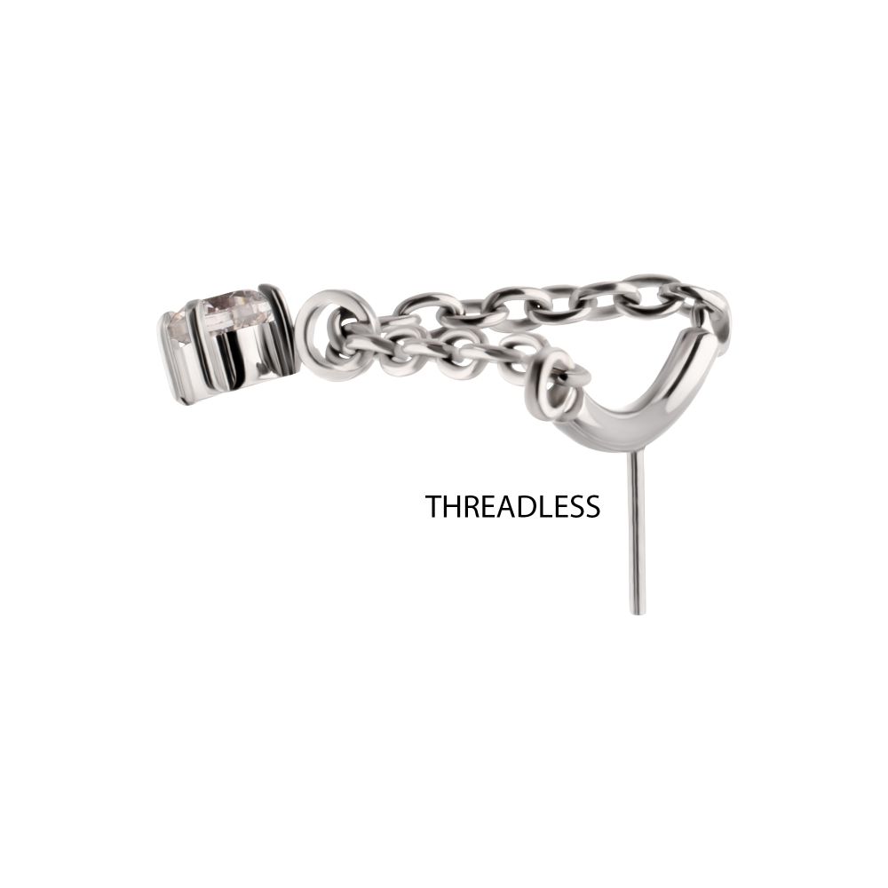 Titanium Threadless Hidden Helix Curved Bar Top with CZ Gem Chain Dangle