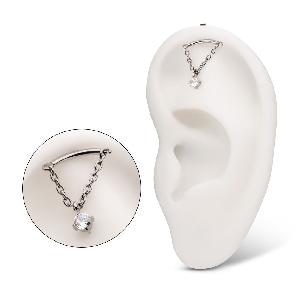 Titanium Threadless Hidden Helix Curved Bar Top with CZ Gem Chain Dangle