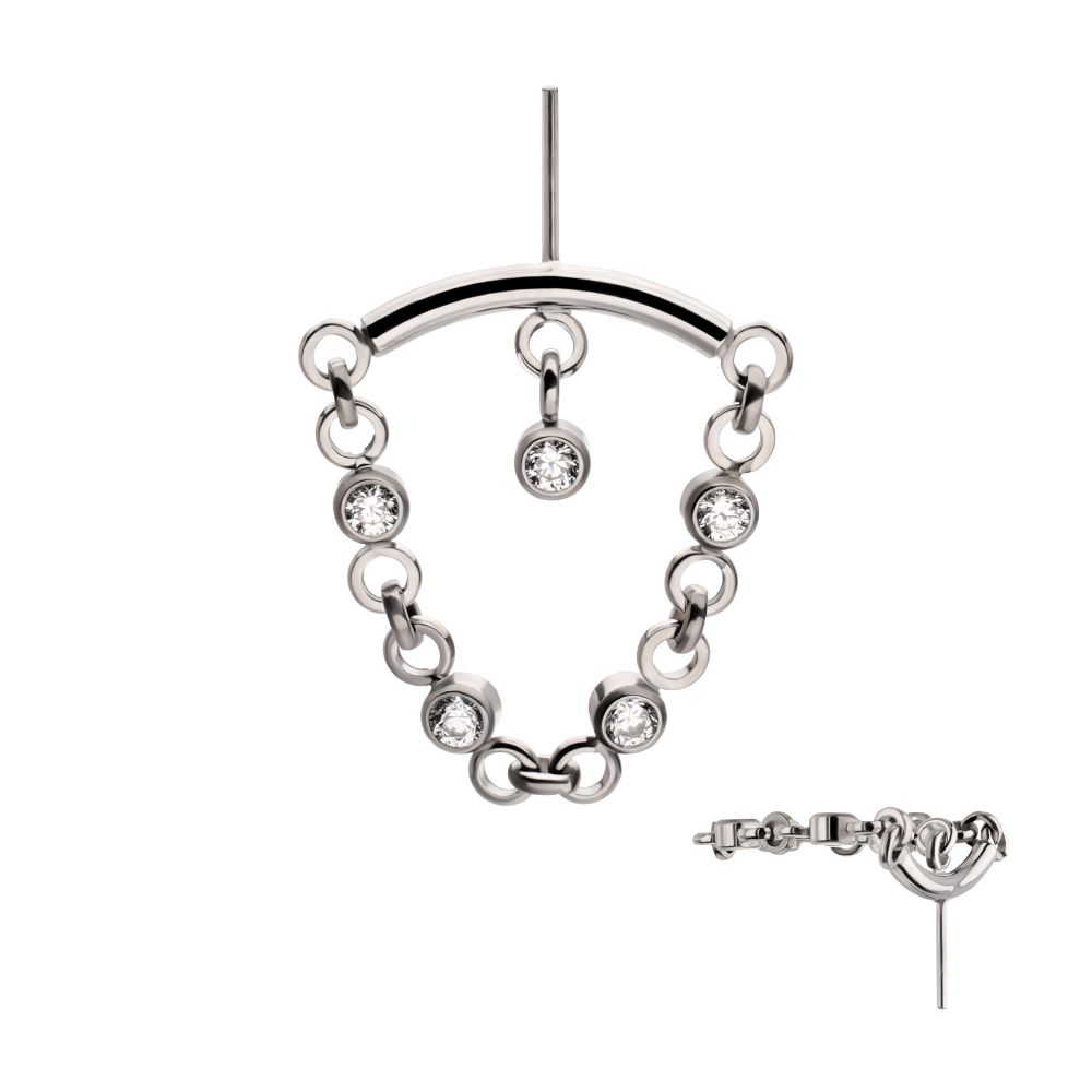 Titanium Threadless Hidden Helix Curved Bar Top with CZ Chain Dangle & Floating Gem