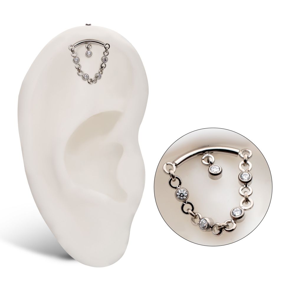 Titanium Threadless Hidden Helix Curved Bar Top with CZ Chain Dangle & Floating Gem