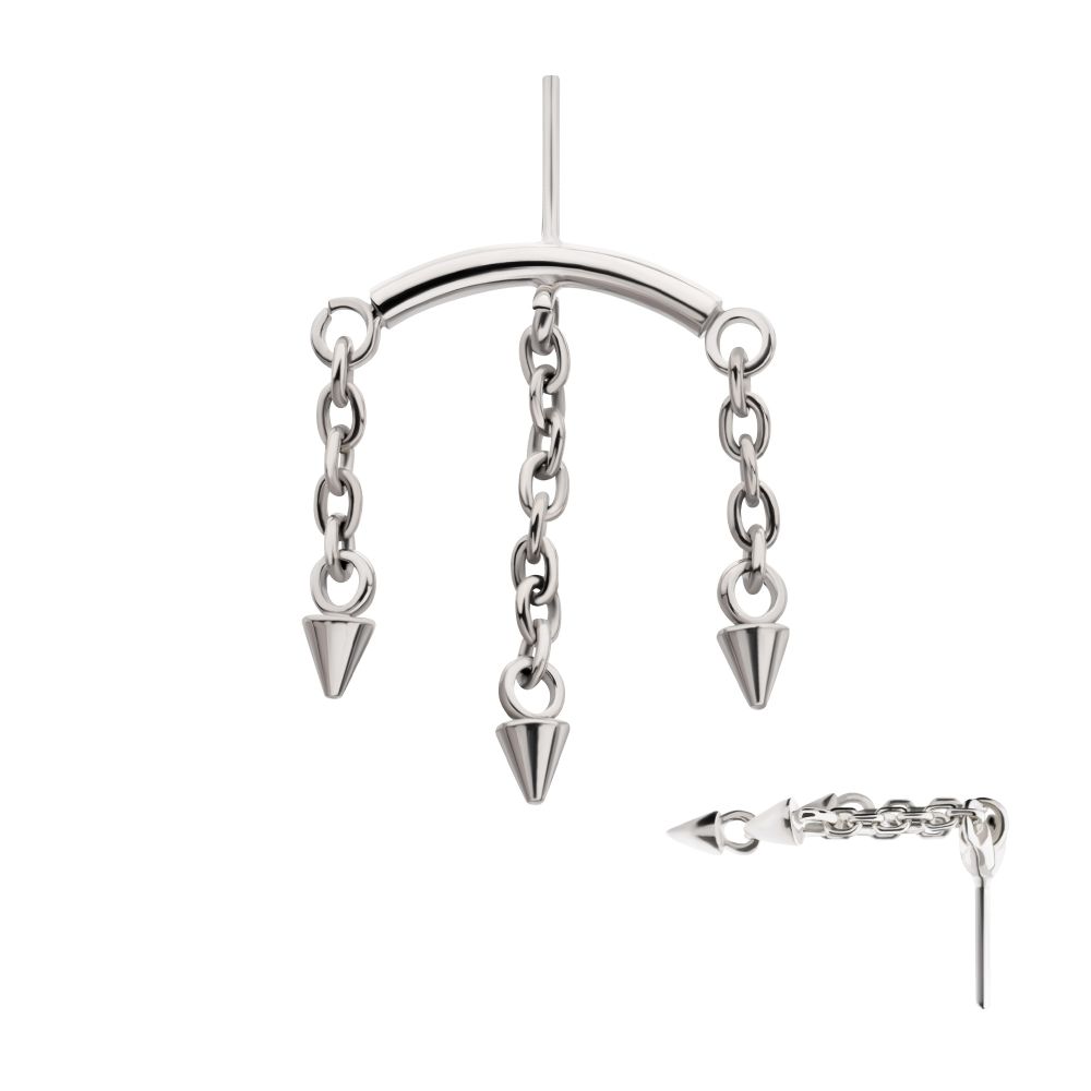 Titanium Threadless Hidden Helix Curved Bar Top with 3 Spiked Chain Dangle
