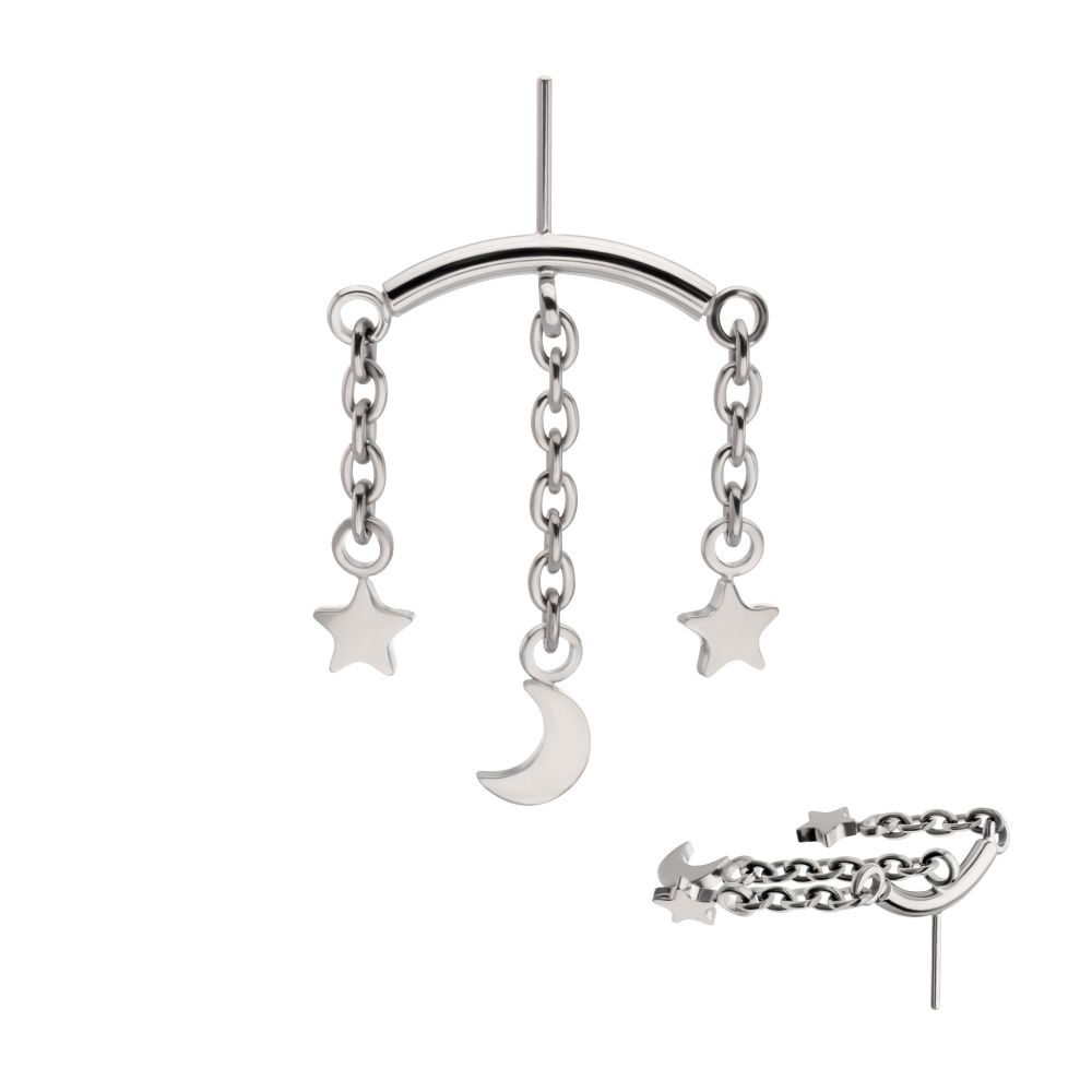 Titanium Threadless Hidden Helix Curved Bar Top with Crescent Moon and Star 3-Chain Dangle