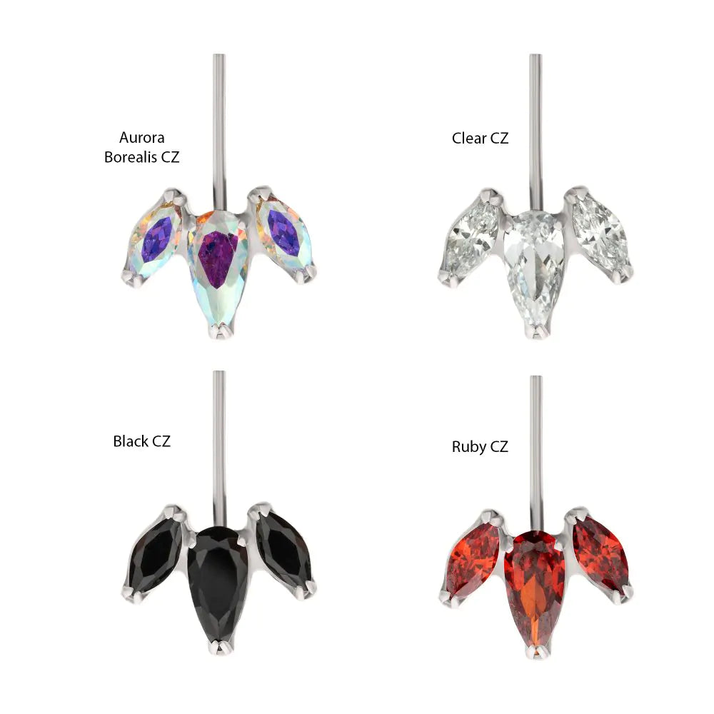 Titanium Threadless Vertical Helix V-Prong Pear Trio Blossom Cluster Top
