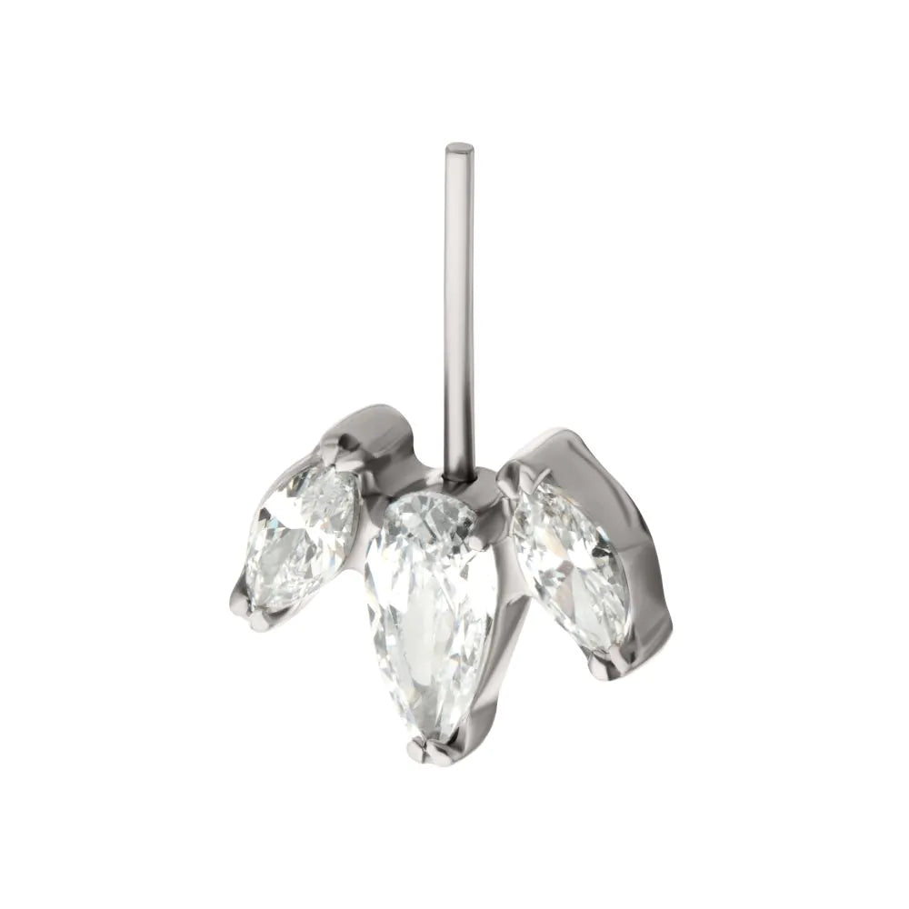 Titanium Threadless Vertical Helix V-Prong Pear Trio Blossom Cluster Top