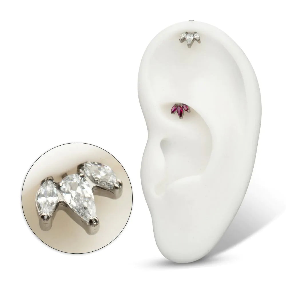 Titanium Threadless Vertical Helix V-Prong Pear Trio Blossom Cluster Top