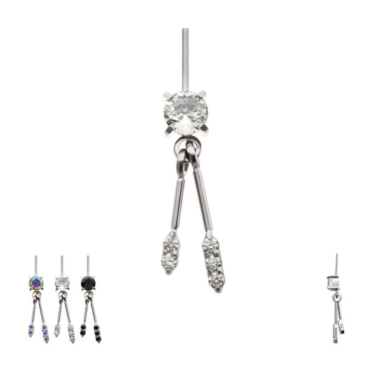 Titanium Threadless Vertical Helix Prong Set Gem Top with Duo Bar Dangle