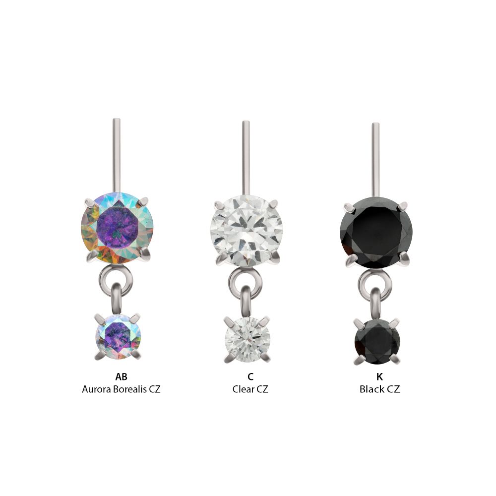 Titanium Threadless Vertical Helix Double 4-Prong CZ Gem Dangle Top