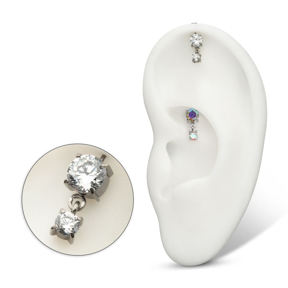 Titanium Threadless Vertical Helix Double 4-Prong CZ Gem Dangle Top