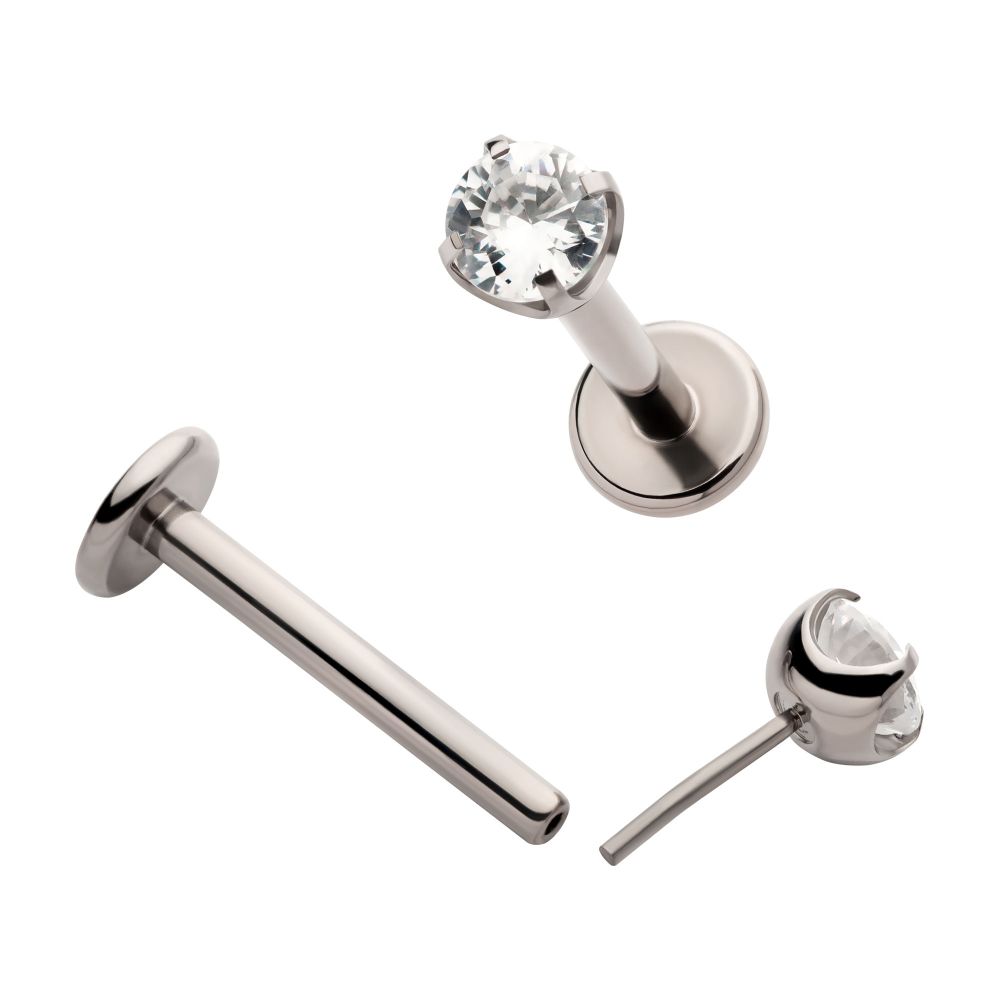 Titanium Threadless Labret with Prong Set CZ Top & 4mm Base