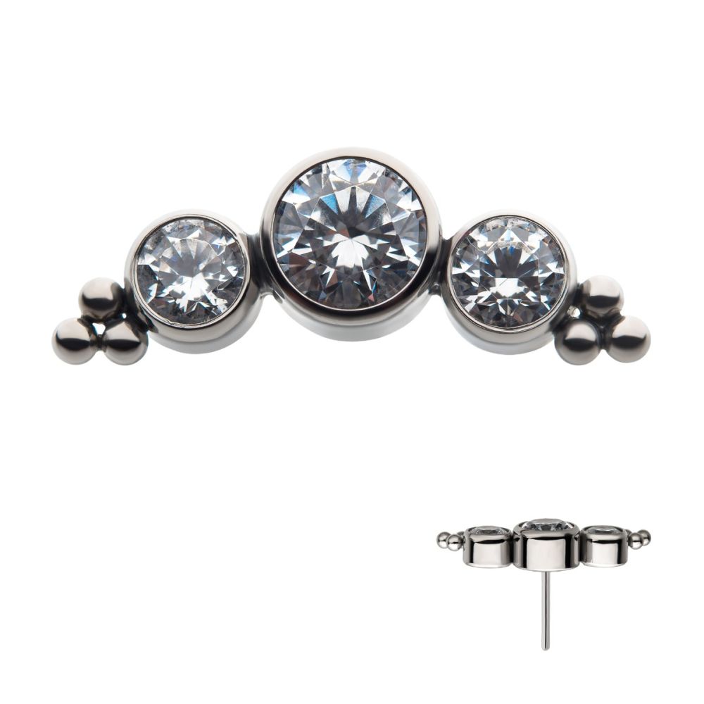 Titanium Threadless 6-Bead Bezel Round CZ/Swarovski Zirconia 3-Cluster Top