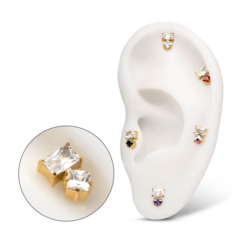 24Kt Gold PVD Threadless "Baguette Duo" Prong Set Gem Top