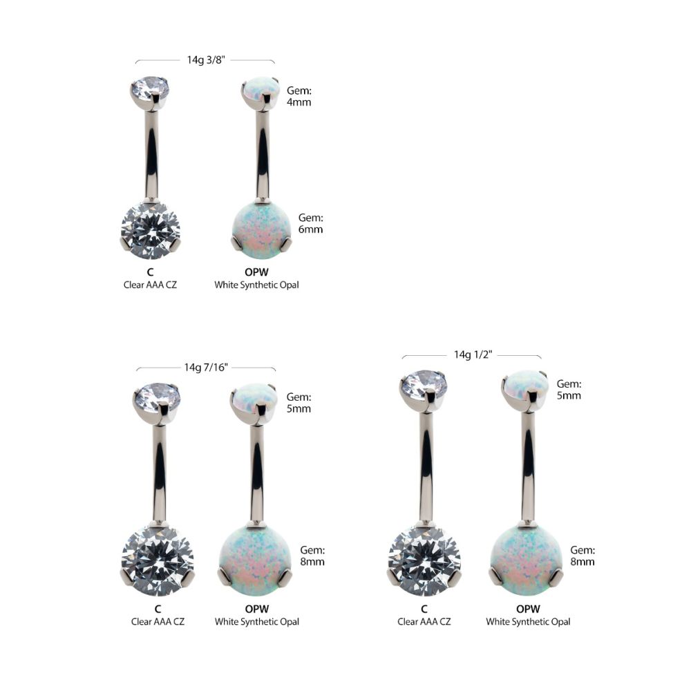Titanium Threadless with Prong Set Round AAA CZ/Synthetic Opal Detachable Top and Fixed Bottom Navel Curve