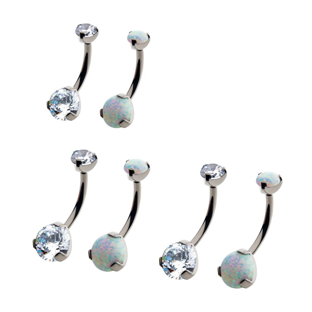 Titanium Threadless with Prong Set Round AAA CZ/Synthetic Opal Detachable Top and Fixed Bottom Navel Curve