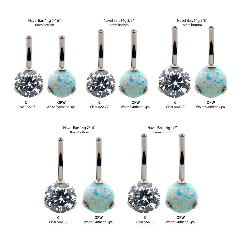Titanium Threadless with Prong Set Round AAA CZ/Synthetic Opal Fixed Bottom Only Navel Curve