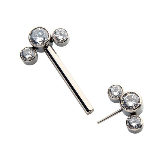 Titanium with One Side Fixed & One Side Threadless Nipple Barbell with Bezel Set CZ 3-Cluster Ends