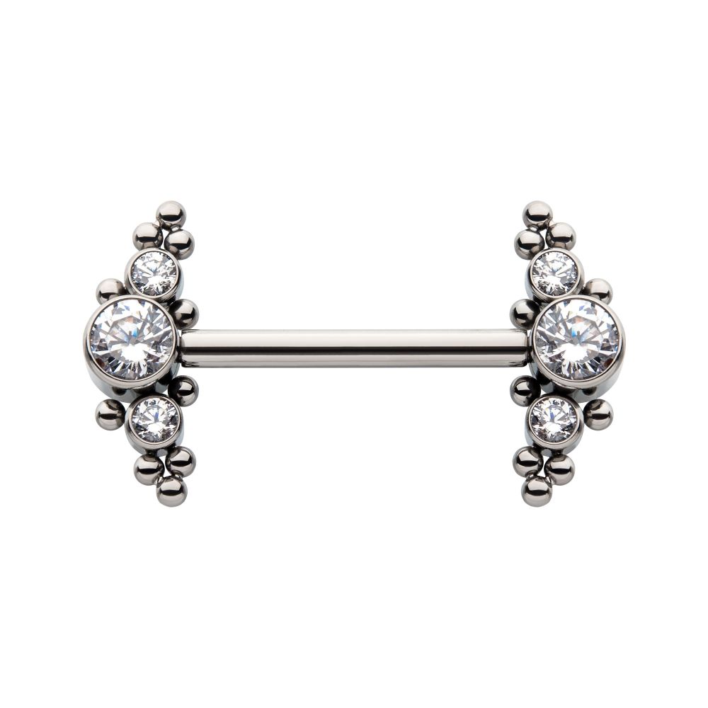 Titanium with One Side Fixed & One Side Threadless Nipple Barbell with Trio Beads & Bezel Set CZ 3-Cluster Ends
