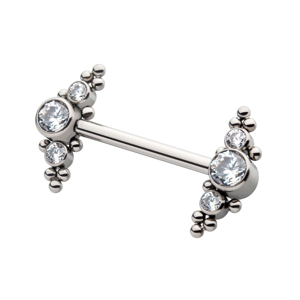 Titanium with One Side Fixed & One Side Threadless Nipple Barbell with Trio Beads & Bezel Set CZ 3-Cluster Ends