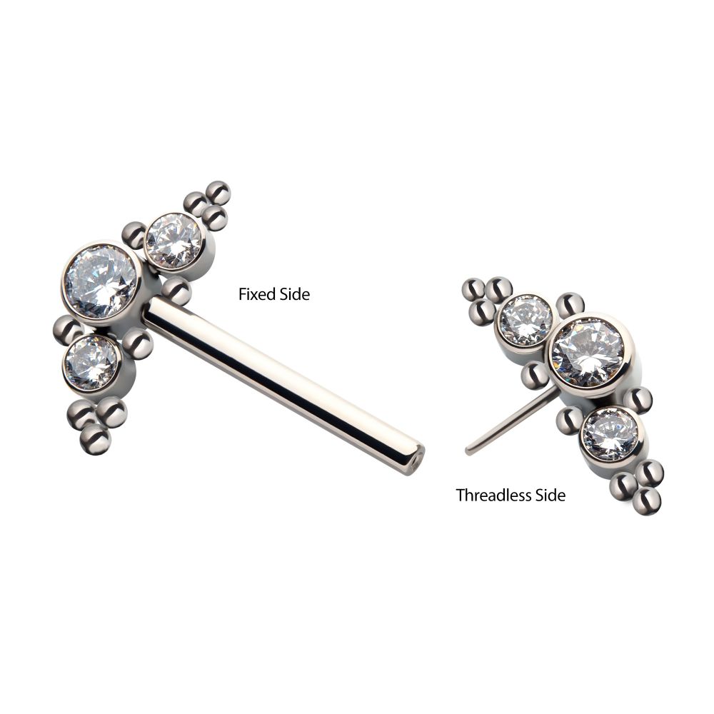 Titanium with One Side Fixed & One Side Threadless Nipple Barbell with Trio Beads & Bezel Set CZ 3-Cluster Ends