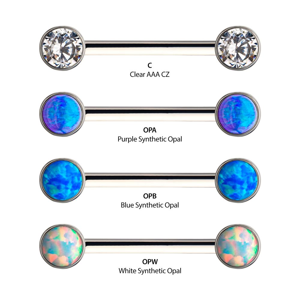 Titanium with One Side Fixed & One Side Threadless Nipple Barbell with Bezel Set CZ/Opal Ends