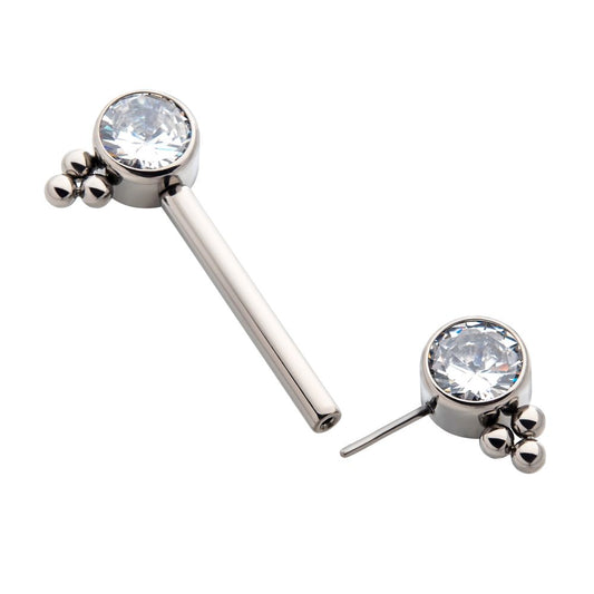 Titanium with One Side Fixed & One Side Threadless Nipple Barbell with Trio Bead &  Bezel Set CZ Ends
