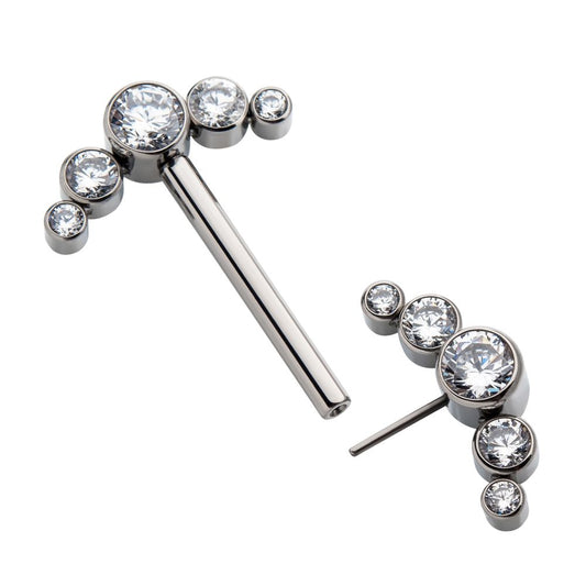 Titanium with One Side Fixed & One Side Threadless Nipple Barbell with Bezel Set CZ 5-Cluster Ends