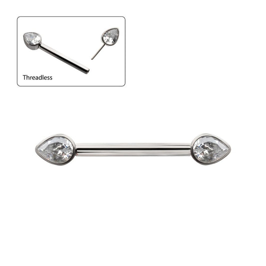 Titanium Bezel Set Teardrop Gem End Nipple Barbell (One Side Fixed, One Side Threadless) | Sold by piece