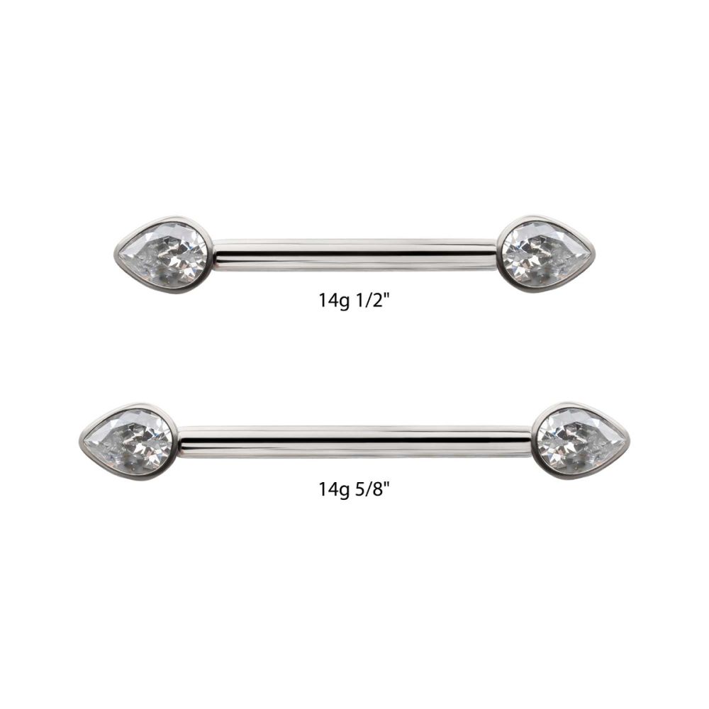 Titanium Bezel Set Teardrop Gem End Nipple Barbell (One Side Fixed, One Side Threadless) | Sold by piece
