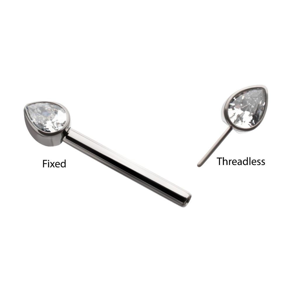 Titanium Bezel Set Teardrop Gem End Nipple Barbell (One Side Fixed, One Side Threadless) | Sold by piece