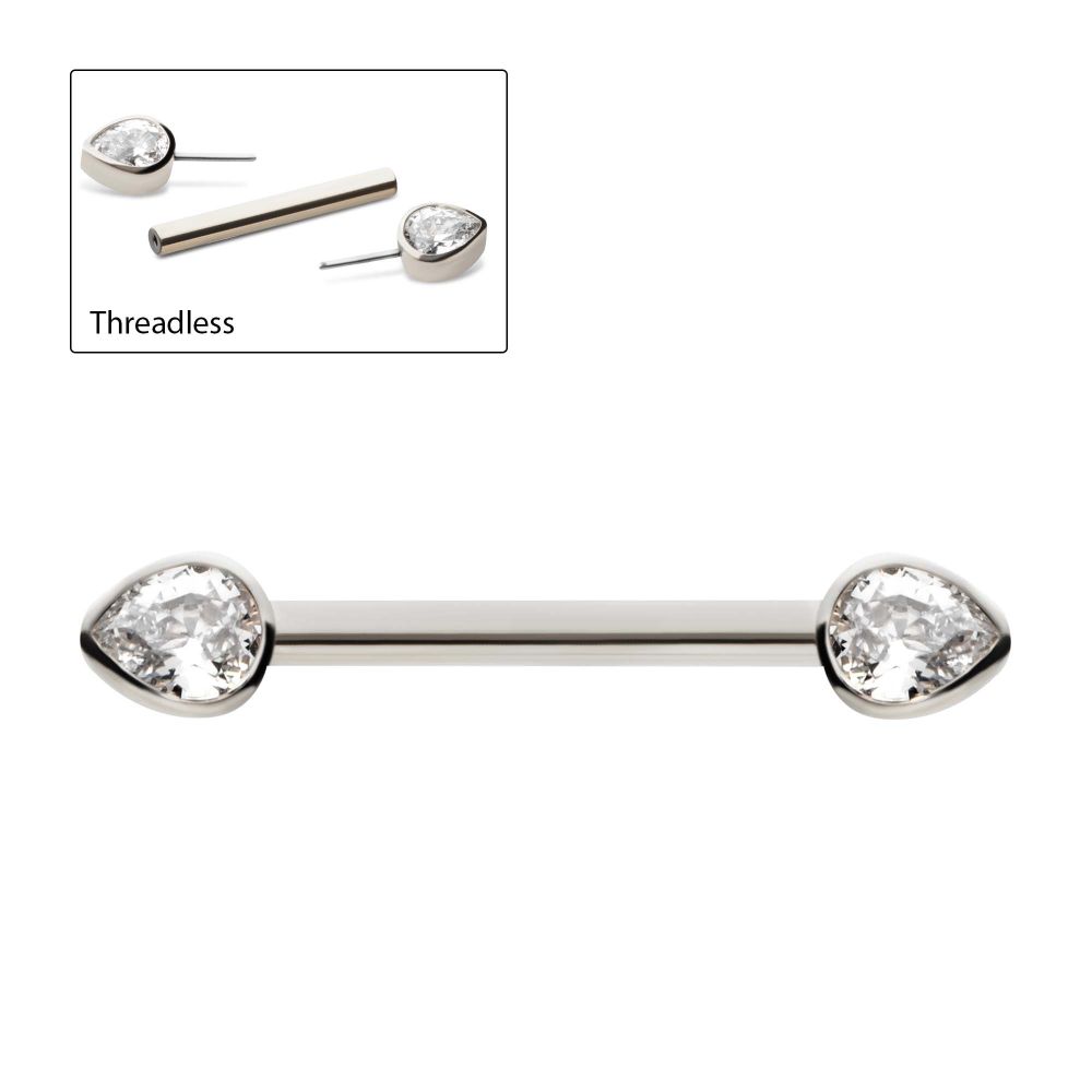 Titanium Threadless Bezel Teardrop CZ Nipple Barbell | Sold by piece