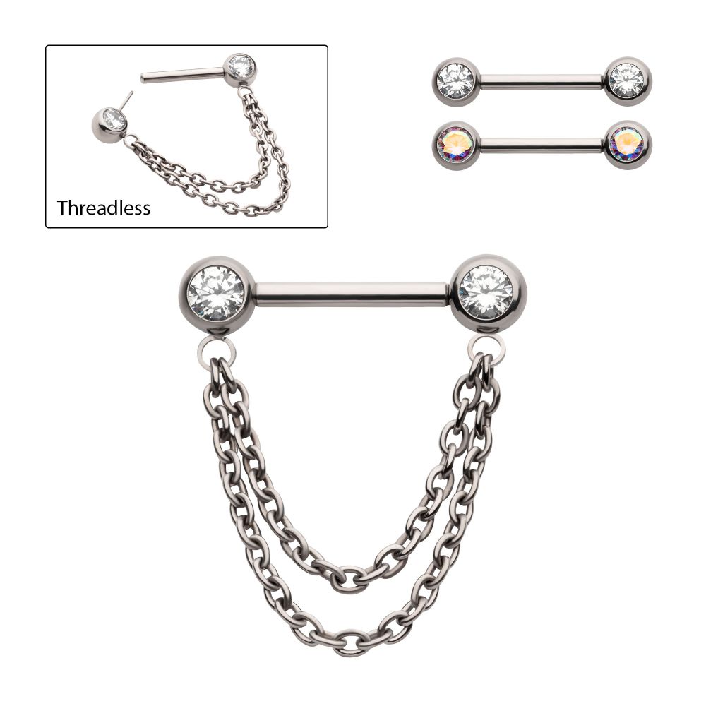 Titanium Double Chain Dangle with One Side Threadless, One Side Fixed Bezel Set Gem Nipple Bar