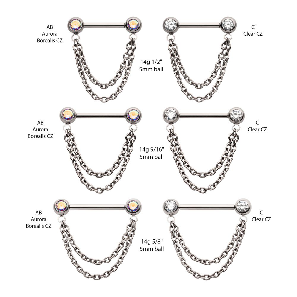 Titanium Double Chain Dangle with One Side Threadless, One Side Fixed Bezel Set Gem Nipple Bar