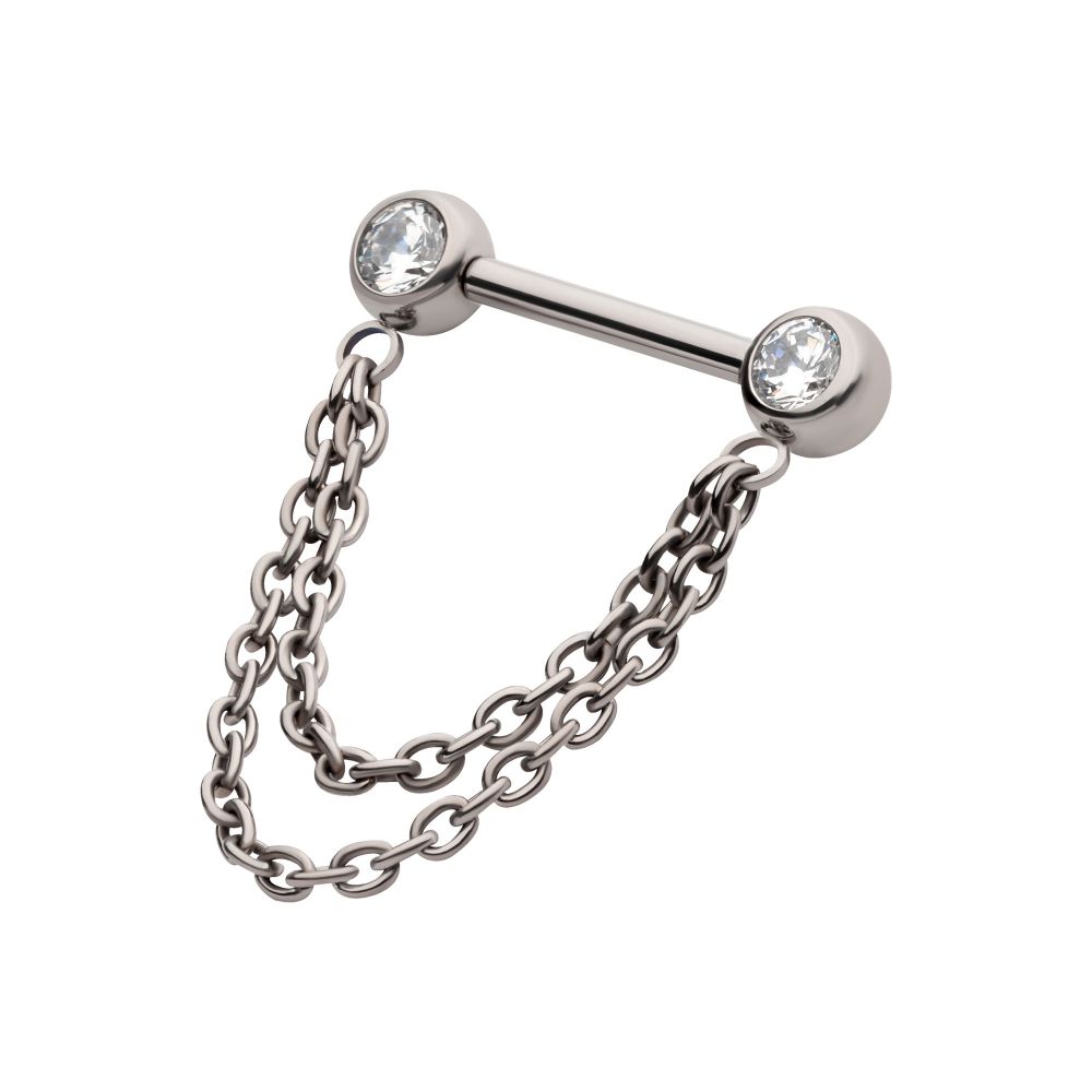 Titanium Double Chain Dangle with One Side Threadless, One Side Fixed Bezel Set Gem Nipple Bar