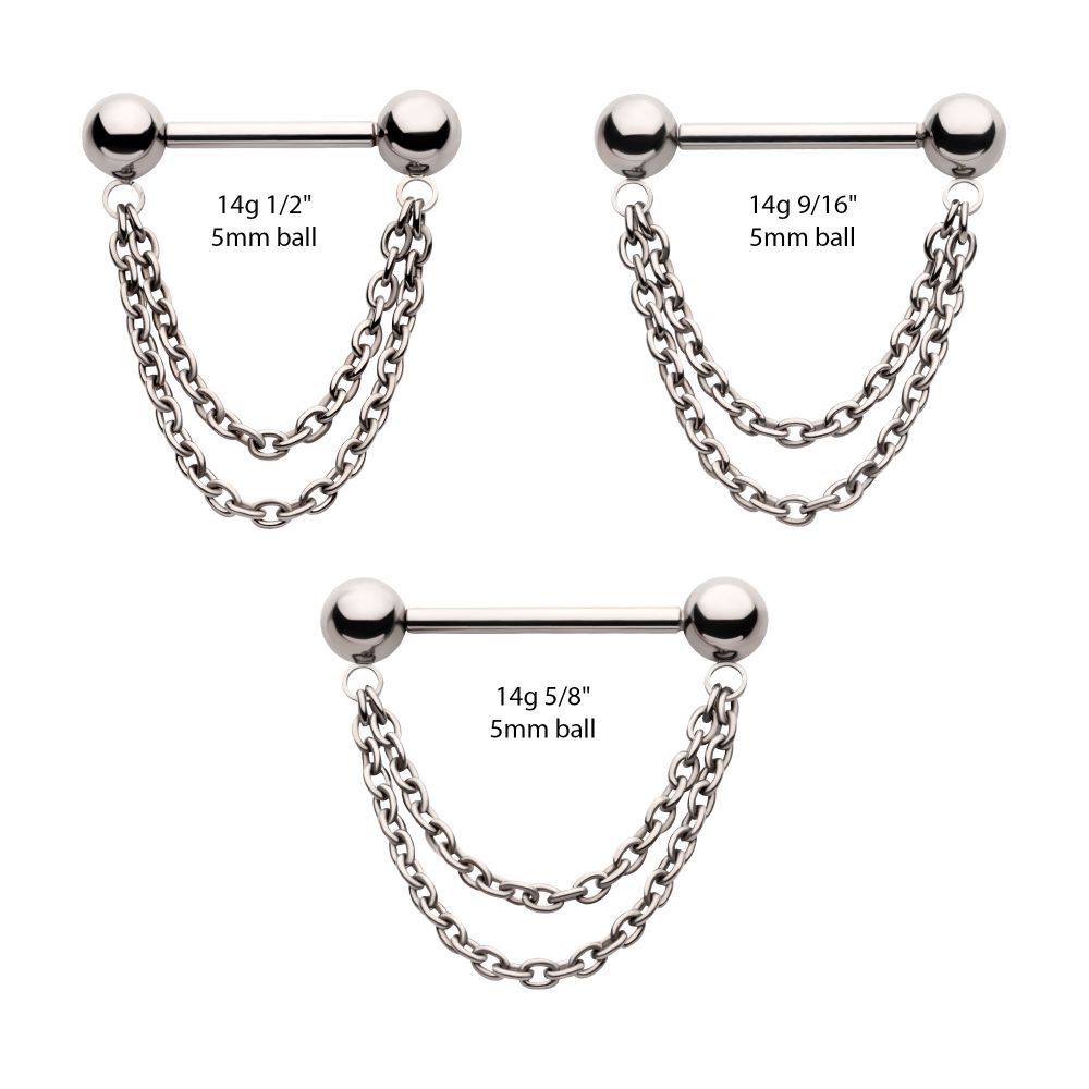 Titanium Double Chain Dangle with One Side Threadless, One Side Fixed Nipple Bar