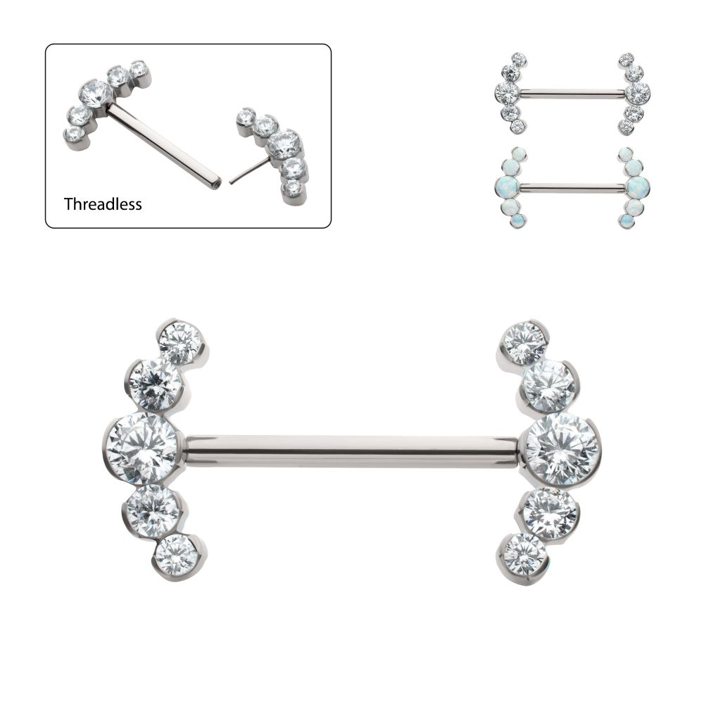 Titanium Semi-Bezel Set Round Gem/Opal 
5-Cluster End Nipple Barbell 
(One Side Fixed, One Side Threadless ) | Sold by piece