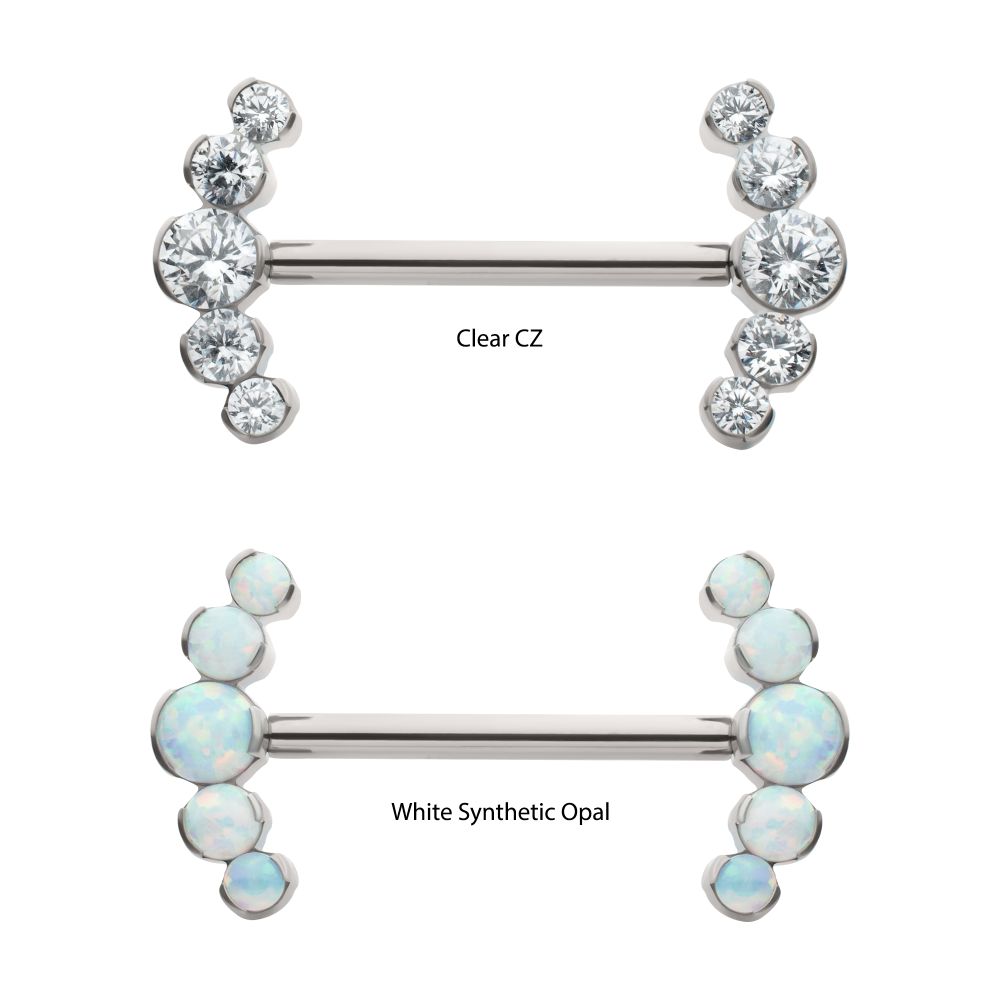 Titanium Semi-Bezel Set Round Gem/Opal 
5-Cluster End Nipple Barbell 
(One Side Fixed, One Side Threadless ) | Sold by piece