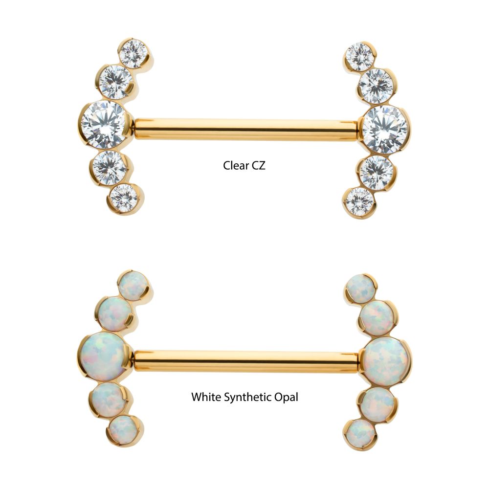 24Kt Gold PVD Titanium Semi-Bezel Set Round Gem/Opal 
5-Cluster End Nipple Barbell 
(One Side Fixed, One Side Threadless ) | Sold by piece