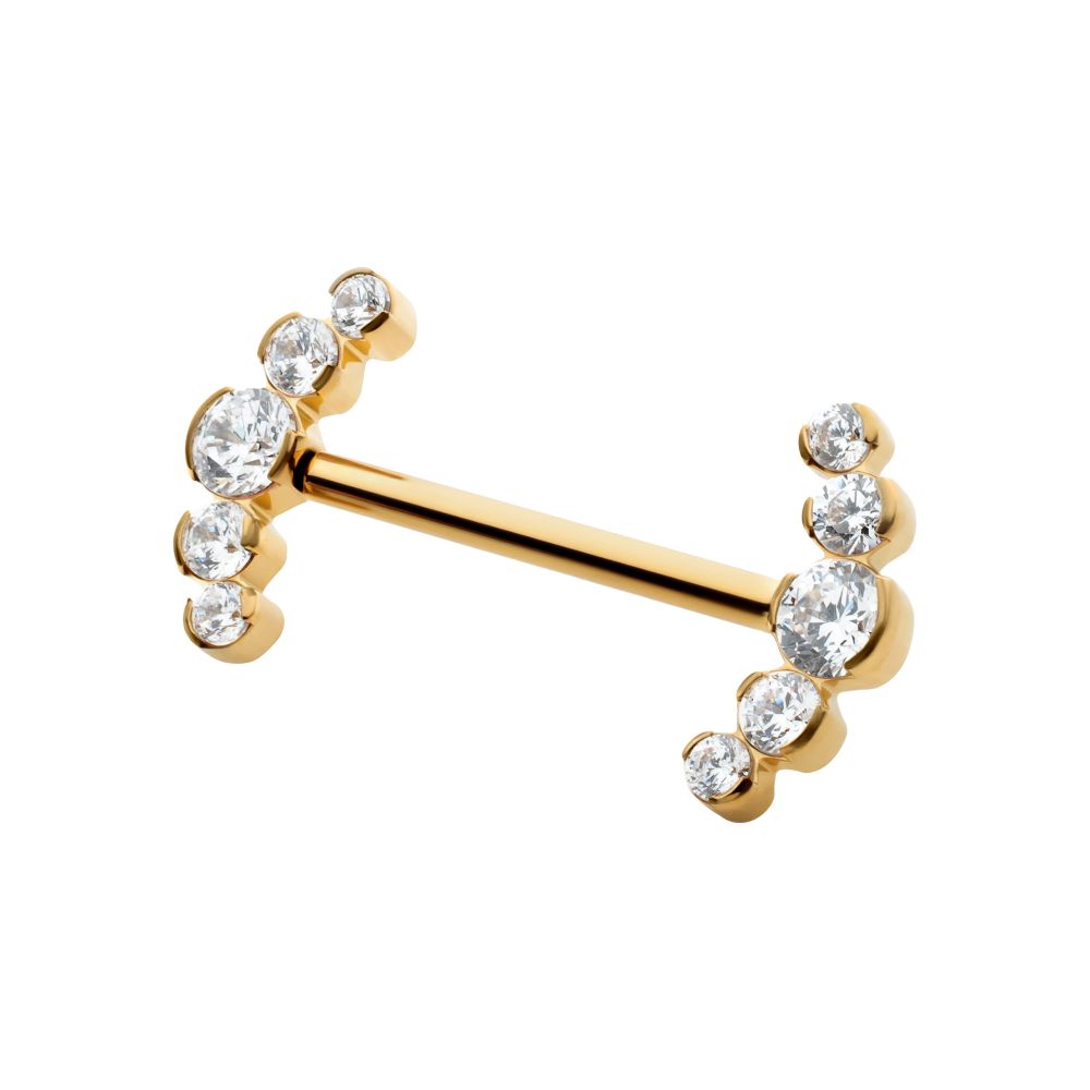 24Kt Gold PVD Titanium Semi-Bezel Set Round Gem/Opal 
5-Cluster End Nipple Barbell 
(One Side Fixed, One Side Threadless ) | Sold by piece