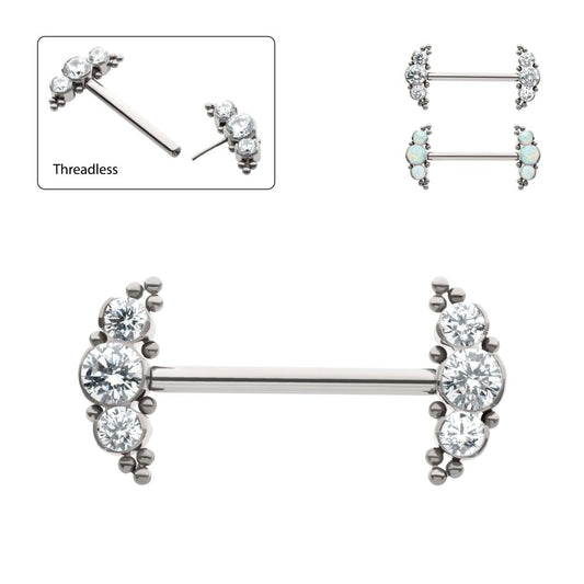 Titanium Beads and Semi-Bezel Set Round Gem/Opal 
3-Cluster Ends Nipple Barbell 
(One Side Fixed, One Side Threadless ) | Sold by piece