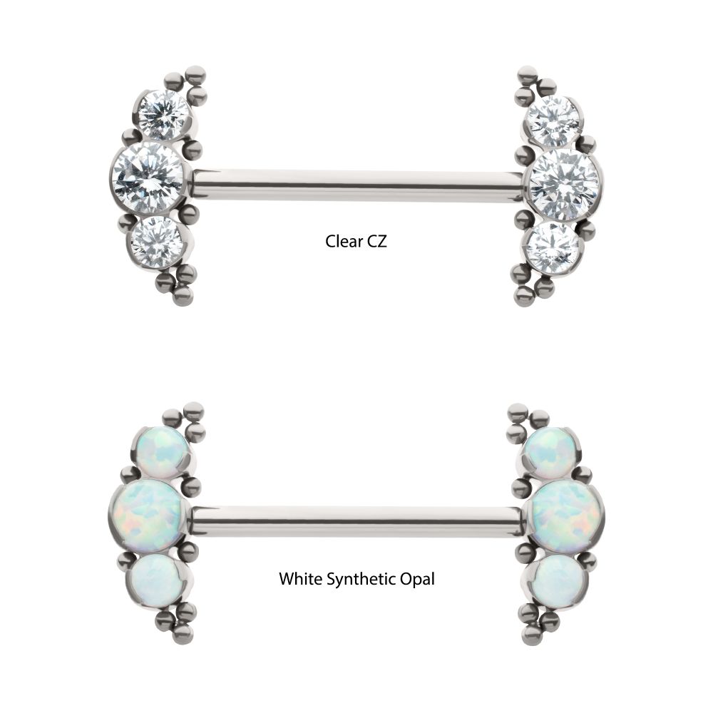 Titanium Beads and Semi-Bezel Set Round Gem/Opal 
3-Cluster Ends Nipple Barbell 
(One Side Fixed, One Side Threadless ) | Sold by piece